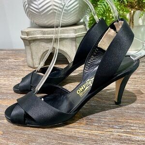 Salvatore Ferragamo Black Satin Slingback Luxury Italian Heels Evening Shoe 7AA‎